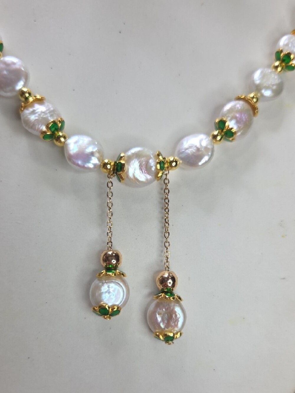 Freshwater Pearl and Green Enamel Flower Accent Necklace & Earring Set 925 - Picture 4 of 7